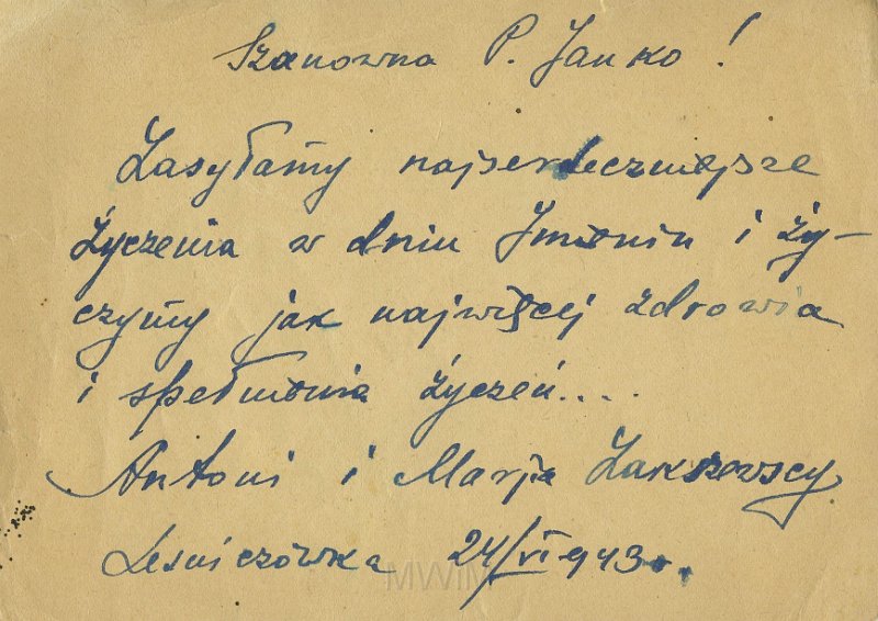 KKE 5481.jpg - Fot. Karta pocztowa. Zaadresowana od Antoniego i Mari Zakrzeskich dla Janiny Kondratowicz, Niemcy, 24 VI 1943 r.